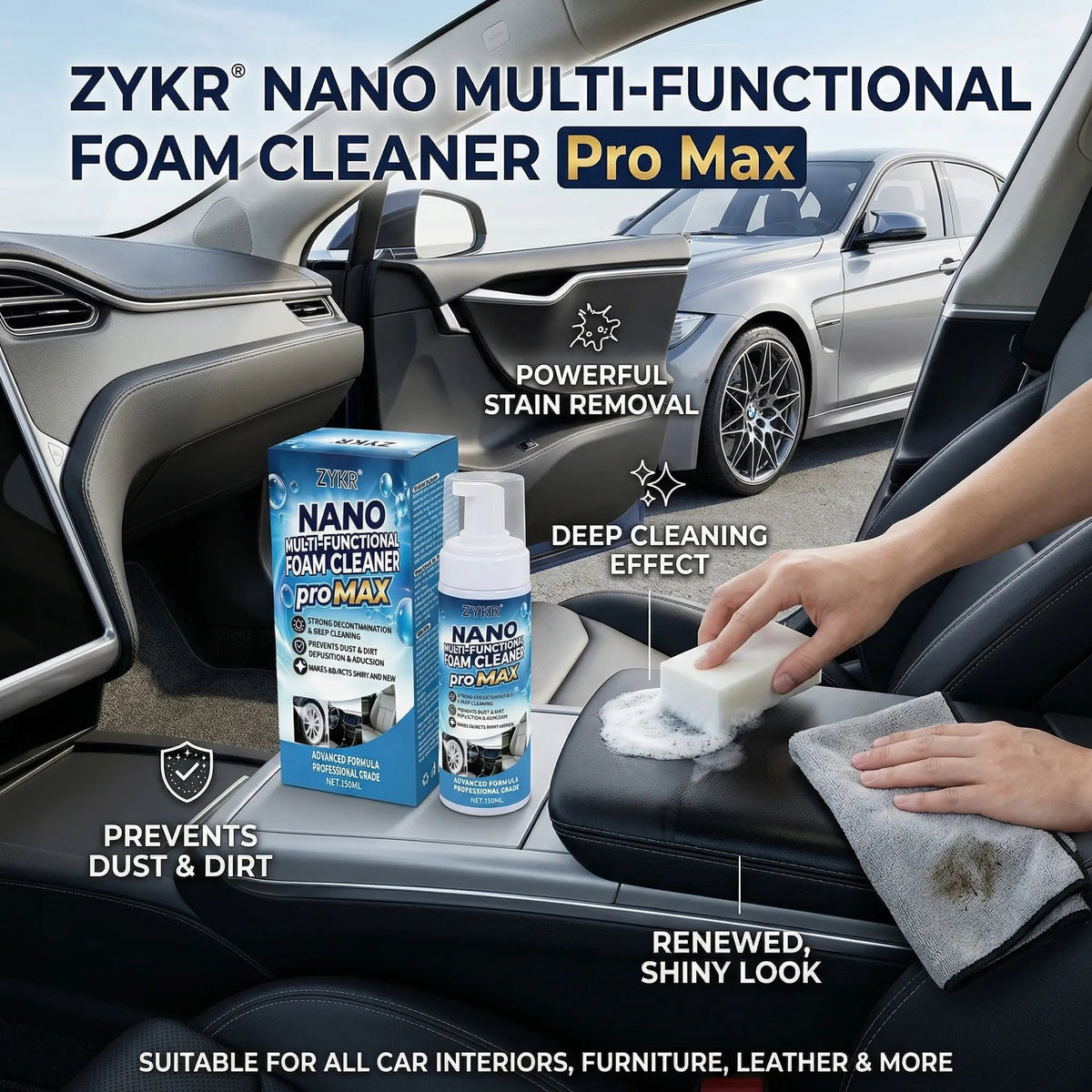 ZYKR Nano Multi-Functional Foam Cleaner Pro MAX - a Powerful Deep-Cleaning Product Suitable for Both Household and Vehicle Deep Cleaning. It Is Suitable for Removing Stains on Car Interiors and Sofas. Capacity: 150 Milliliters.