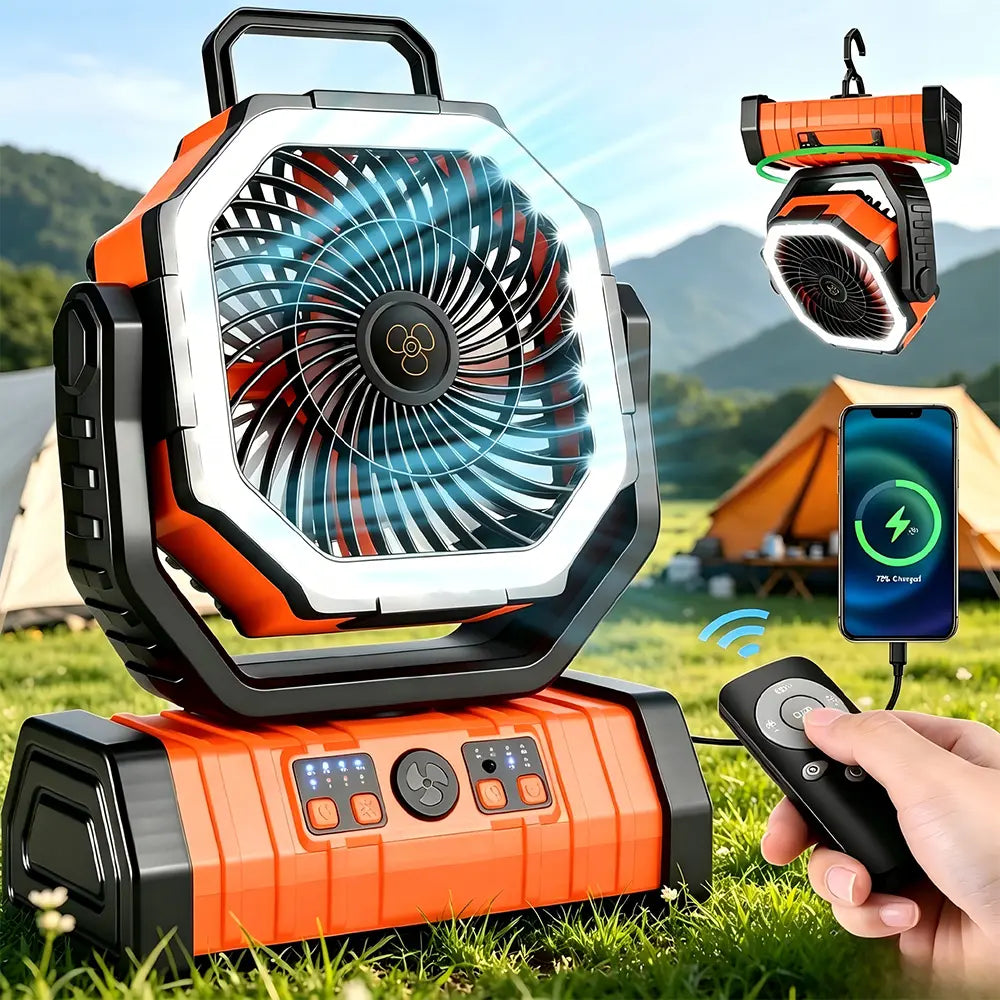20,000 Mah Rechargeable Camping Fan with Light, Dual Motors, 4 Speeds, Hook, Remote Control, LED Light, and Power Bank—Portable, Ideal for Emergencies and Essential for Outdoor Camping