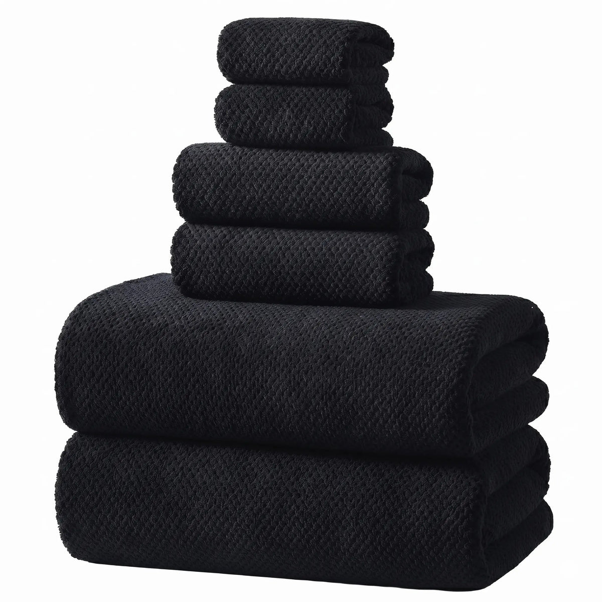 REDKISS Black Towel Set: a 6-Piece Set of Premium, Soft Bath Towels. This Ultra-Absorbent, Luxurious 6-Piece Set Includes 2 Bath Towels, 2 Hand Towels, and 2 Face Towels, Perfect for Everyday Use in Bathrooms, Gyms, Hotels, and Spas.