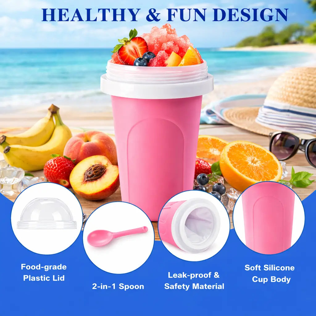 Food Grade Silicone Slushy Maker Cup - Lightweight and Reusable Double Layer Cooling Cup with 2 in 1 Straw and Spoon Cover - Thick Kitchen Bottles Drinkware Fruit Water Bottles