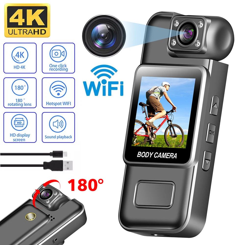4K Wifi Mini Camera Ultra HD Portable Digital Video Recorder with Infrared Night Vision for Police Bodycam Sports DV and Riding