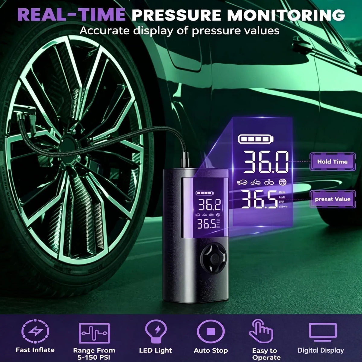 4-In-1 Car Jump Starter with Air Compressor, Tire Inflator, Portable Power Bank, Battery Booster Pack, LED Emergency SOS Light – All-In-One Roadside Kit for Dead Battery & Flat Tire