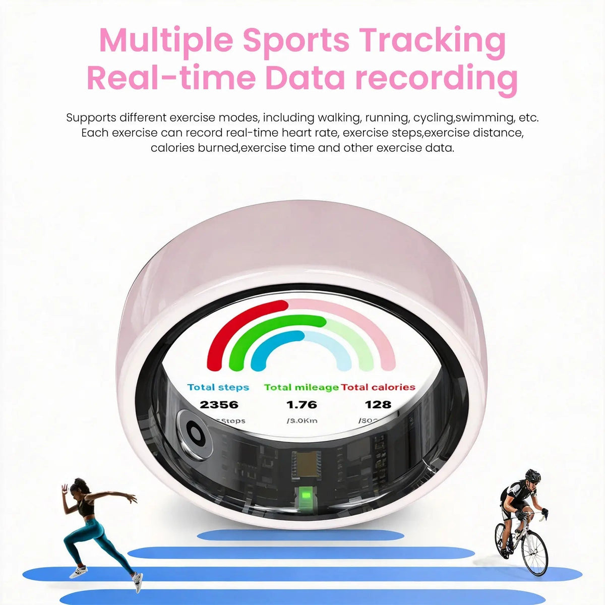 #6-#11 Pink & Black Ceramic Smart Couple Rings for Women & Men, Fitness & Sleep Tracker, Heart Rate & Stress Monitor, Cycle Tracking, IP68 Waterproof, 3–5 Day Battery, Ios & Android Compatible, with Charging Case