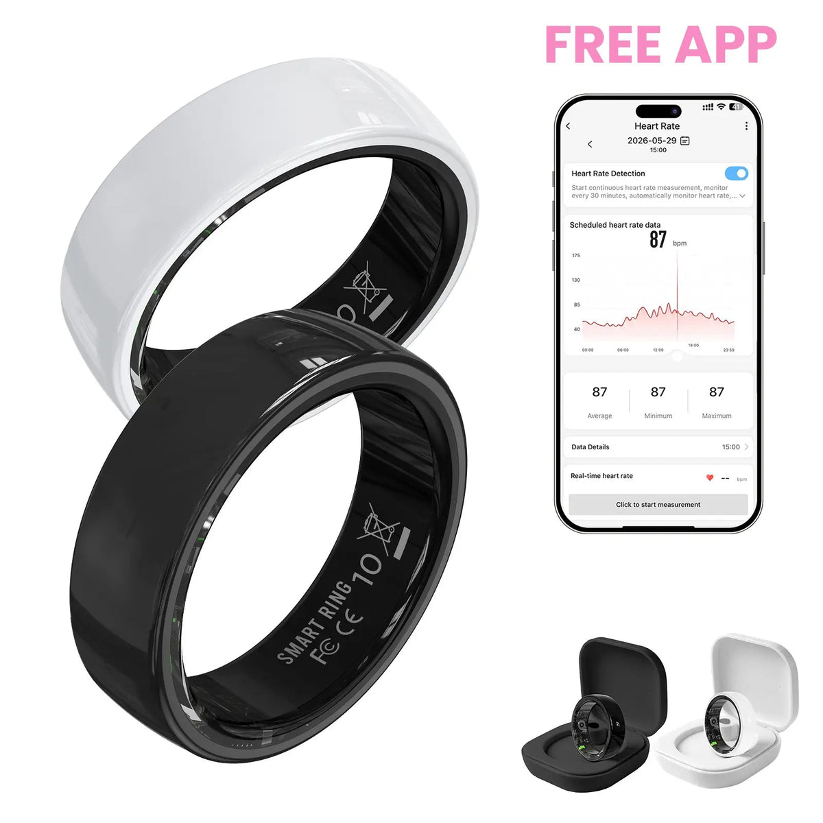#6-#11 Pink & Black Ceramic Smart Couple Rings for Women & Men, Fitness & Sleep Tracker, Heart Rate & Stress Monitor, Cycle Tracking, IP68 Waterproof, 3–5 Day Battery, Ios & Android Compatible, with Charging Case