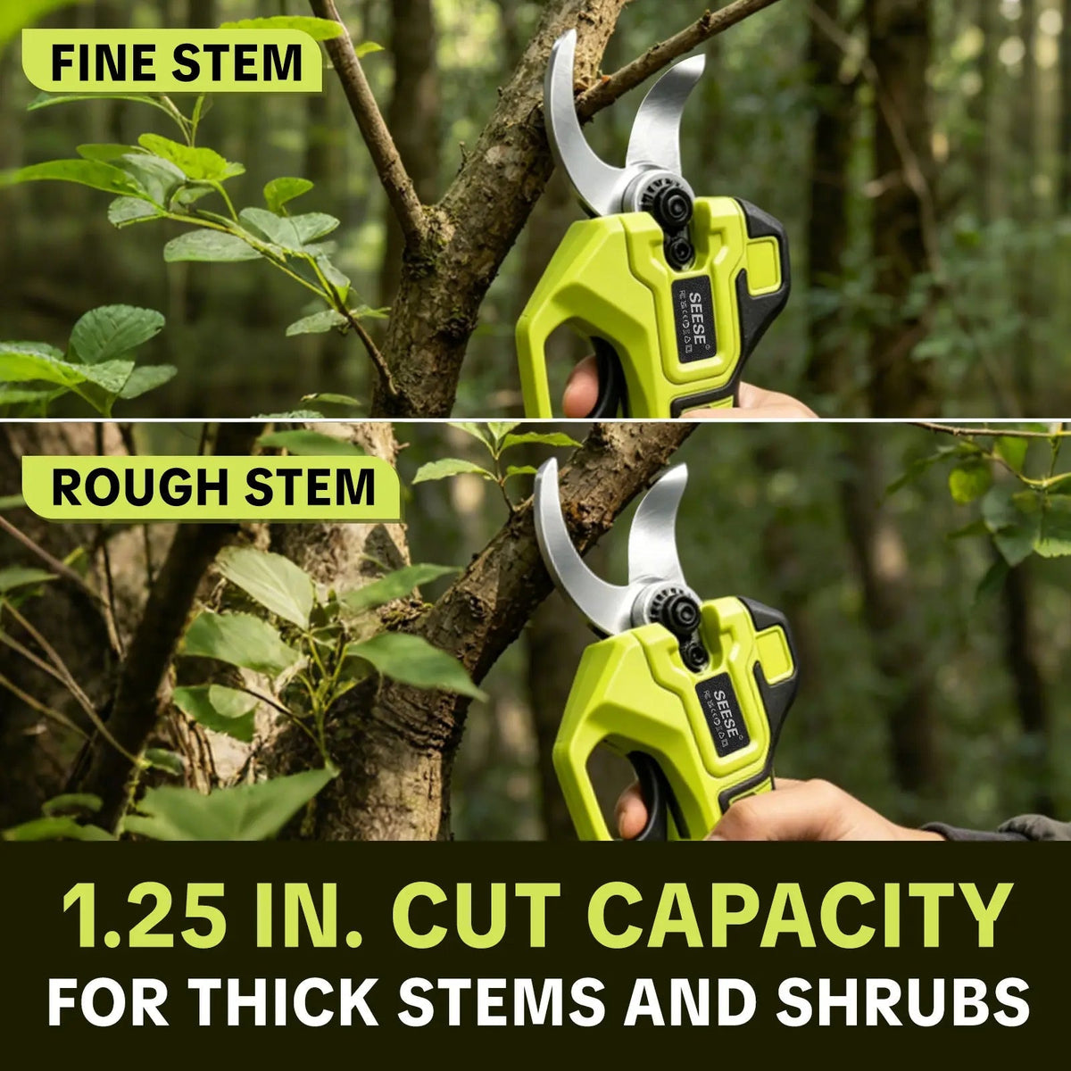 SEESE Electric Pruning Shears for Gardening: 1.25" Cutting Cordless Power Pruner, Brushless Motor, Dual21V Battery for Tree & Flowertrimming Fathersdaygift