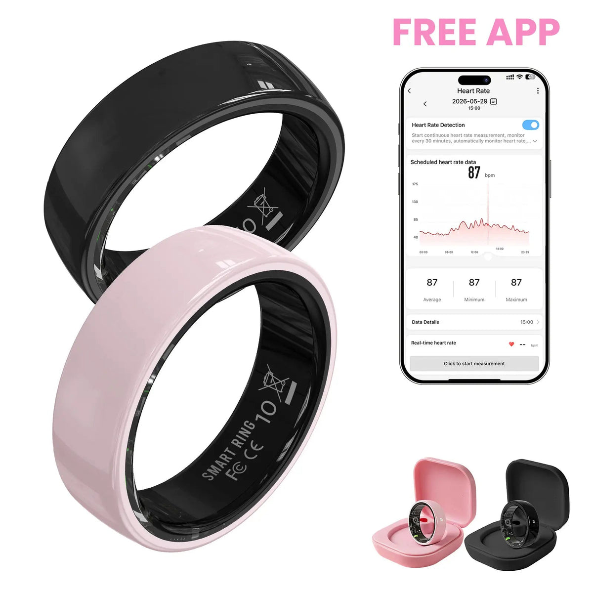 #6-#11 Pink & Black Ceramic Smart Couple Rings for Women & Men, Fitness & Sleep Tracker, Heart Rate & Stress Monitor, Cycle Tracking, IP68 Waterproof, 3–5 Day Battery, Ios & Android Compatible, with Charging Case
