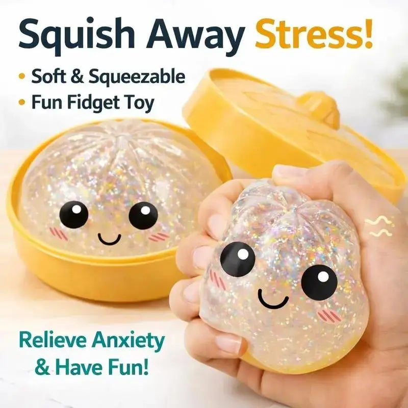 【Blind Box】2026 New Glitter Dumpling Squishy with Steamer Box, Soft Sensory Fidget Steamed Bun Squeeze Tool for Adult Stress & Anxiety Relief,